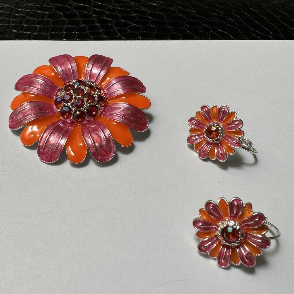 Jewelry Set Orange & Pink Flower Rhinestone Enamel Brooch Pin Pierced Earrings